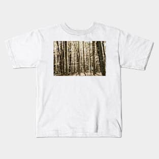 Autumn deep in forest scene on a trail in New England Kids T-Shirt